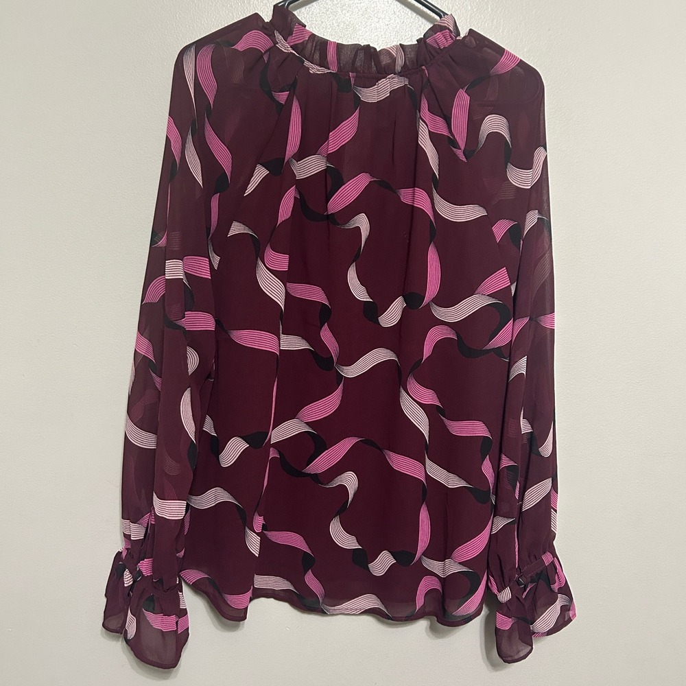 Ann Taylor Blouse Womens XL Burgundy Pink NWT Abstract Ribbon Ruffle Tie Neck - Picture 3 of 9